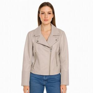 SOIA & KYO Size S/P Mija LAMBSKIN LEATHER Jacket Stone Neutral Luxury Moto Biker